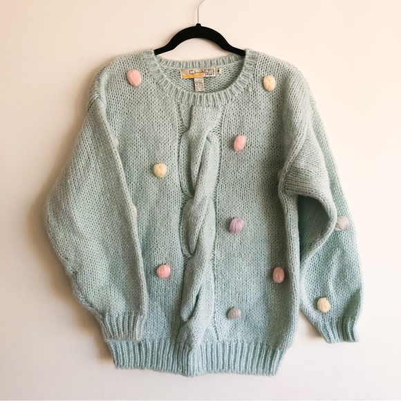chaus sport Sweaters - Chunky Knit Sweater| Mint pom pom pullover knit sweater size Medium